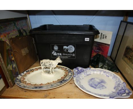 Shelf of assorted including a Staffordshire creamer, pictures etc.