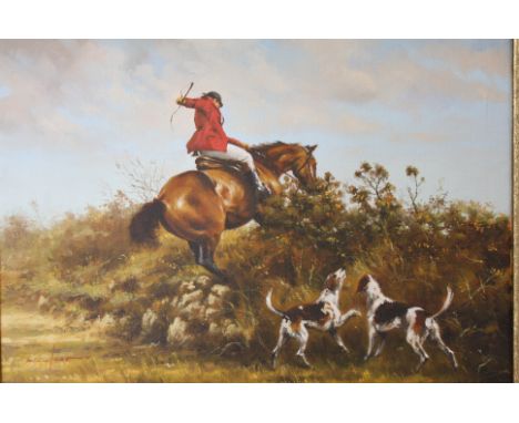 Modern, oil on canvas, signed, 'Hunting Scene'.  (Bears label to verso Tallantyre Gallery).  30 cm x 40 cm

