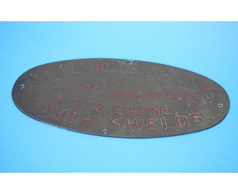 J. P. Rennoldson and Sons, Ship Builders oval plaque, number 372 Engine, South Shields.