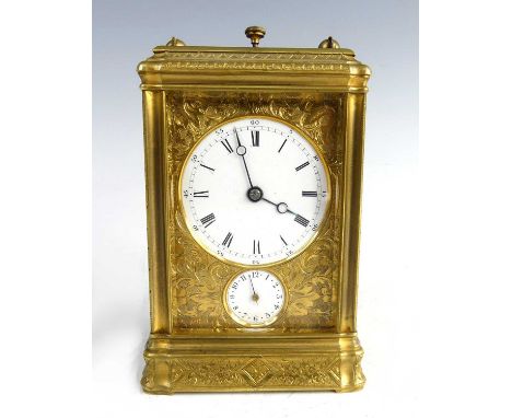 Pierre Drocourt of Paris - a 19th century lacquered brass carriage clock, with engraved gorge case, push button hour repeat a