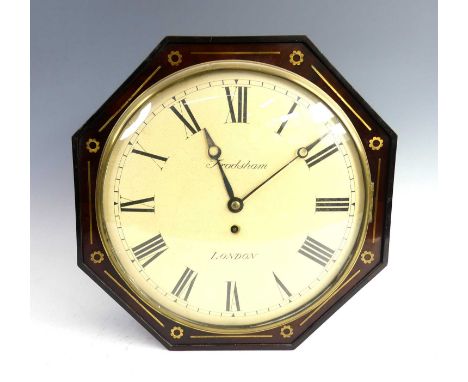 Frodsham of London - a Regency mahogany and brass inlaid circular dial wall clock, in octagonal case, the convex white enamel