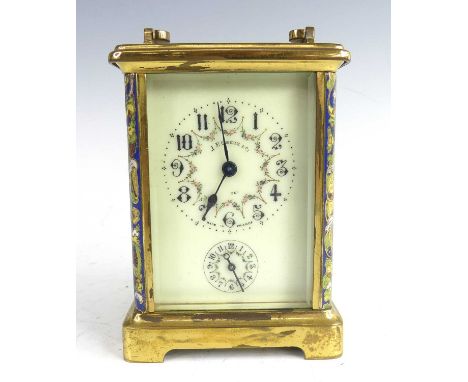 J.P. Genge &amp; Co of Jersey - a circa 1900 lacquered brass and champleve enamelled carriage clock, with alarm, having a sig