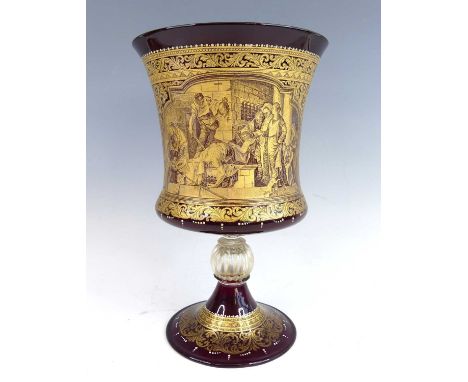 A Moser Salviati Venetian ruby glass pedestal oversize goblet, depicting the beheading of John the Baptist in gilt, h.31.5cmN