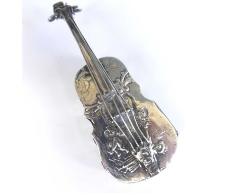 A continental silver novelty snuff box in the form of a cello, the hinged cover having four silver strings attached, the cove