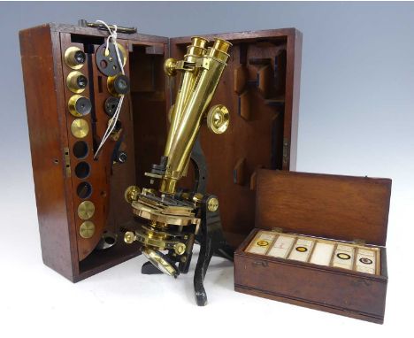 Henry Crouch of London - a lacquered brass binocular microscope, No.1418, with part-anodised finish, housed in a fitted mahog