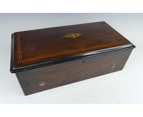 A late 19th century Swiss rosewood cased music box, playing eight airs on a 9¼" cylinder, with stop/start and play/repeat fun