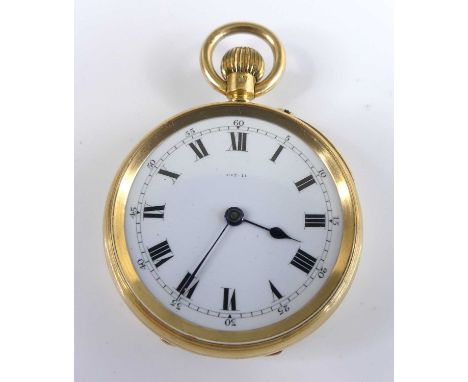 A lady's 18ct gold cased open face pocket watch, having a white enamel Roman dial, plain back cover, and plain gold dust cove