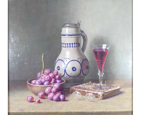 § Eric de Vree (b.1966) - Grapes and Red Wine, oil on panel, signed lower right and dated 2000 lower left, 55 x 60cmProvenanc