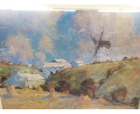 HARRY HUGHES WILLIAMS coloured print - Anglesey Windmill with stooked corn, unsigned, 28 x 40 cms and IEUAN WILLIAMS coloured