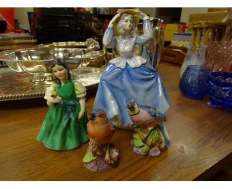 Two Royal Worcester garden birds, Royal Doulton figurine 'Francine' HN2422 and a Coalport lady figurine