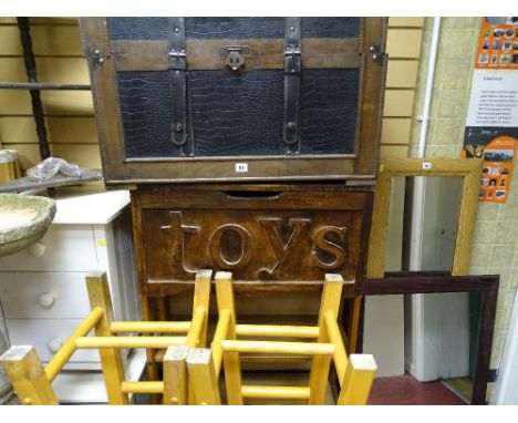 Modern faux leather trunk, toy box marked 'Toys', two stools, two small coffee tables, white painted chest and a whatnot etc 