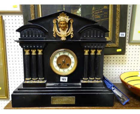 Fine looking slate clock with pillars and silver coloured inscription