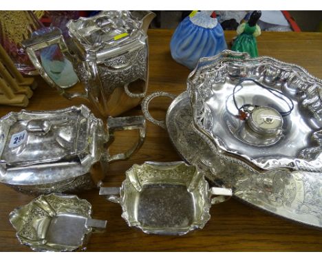 Good looking four piece electroplate tea service, galleried tray, swing handled basket, silver caddy spoon etc