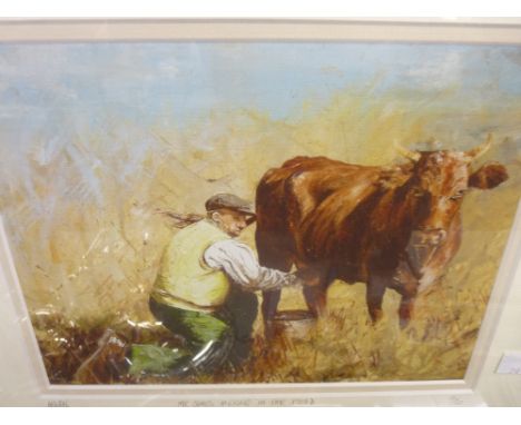 ANWEN ROBERTS coloured limited edition (7/20) print - farmer and cow, signed and entitled 'Mr Jones Milking in the Field', 20