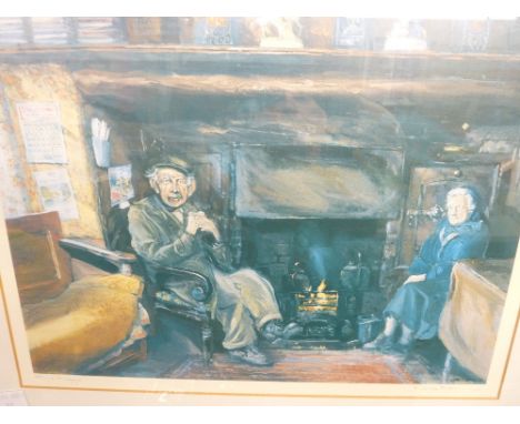 KEITH ANDREW coloured print - two elderly figures by an interior fireside, signed and entitled 'Efan & Maggie, 29.5 x 37 cms