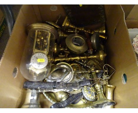 Box of mixed brassware including a boule clock, horse brasses, scales etc