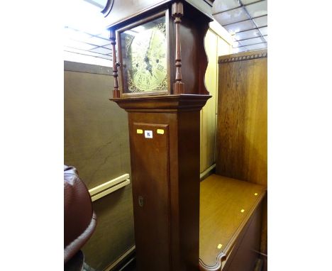Modern slim grandmother clock, modern blanket box and a glass topped Long John coffee table