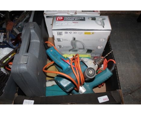 Box of assorted power tools, drills etc