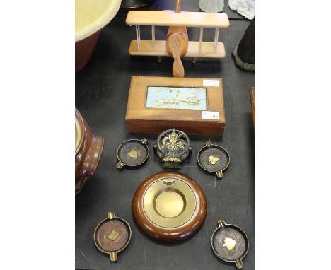 Brass playing cards ashtray set, sewing box, aeroplane etc