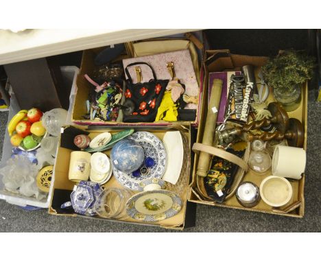 An ebony ring tree; apothecary bottles; rolling pin; motoring car badges; EPNS mantel oak barley twist candlesticks; costume 