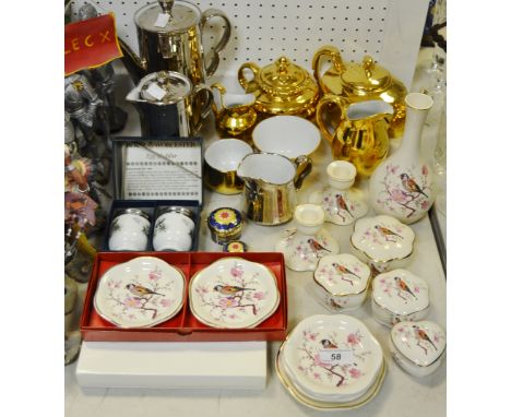 Ceramics - a Royal Worcester silver lustre coffee pot, cream jug and hot water jugs;  Palissy Royal Collection vase, trinket 