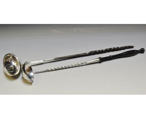 A Georgian silver toddy ladle; a silver plated toddy ladle (2)