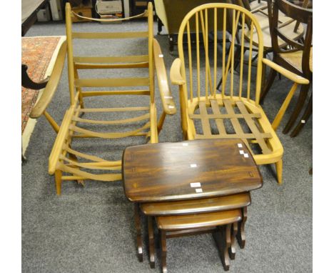 An Ercol 203 design blonde Windsor easy chair, gold label chair; another (lacking seats); a mid 20th Century Ercol  498 Chant