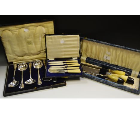 Silver Plated Ware - a Horn hafted carving set by George Wood and Sons, Sheffield, cased; a Martin Wilkinson , Mansfield set 
