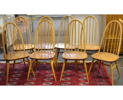 A set of 8 Ercol 365 blonde Quaker design  bowed back dining chairs, blue label