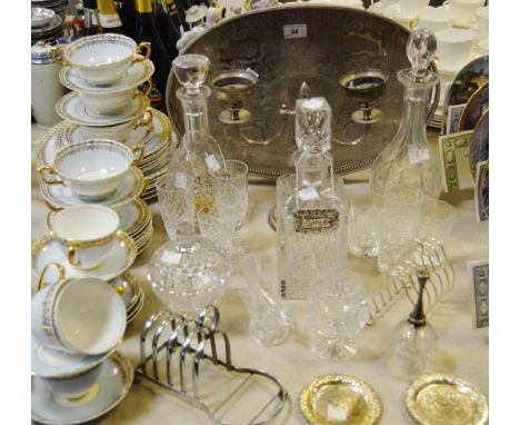 A Staffordshire part tea and dinner service; a cut glass decanter ; others; a silver plated candelabra; a silver plated galle