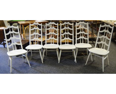A set of six Ercol 496 Cromwellian  design dining chairs, webbed ladder back painted white, produced between 1965-68