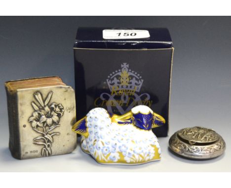 A Royal Crown Derby paperweight, Twin Lambs, boxed; The Common Prayer miniature book silver embossed cover ; a silver coloure