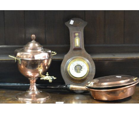 A Victorian copper samovar; a Victorian copper warming pan; an early 20th Century oak banjo barometer with thermometer (3)