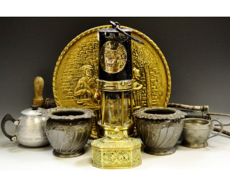 A 19th century Hailwords Improved Miners lamp,  brass and steel, including a cantered rectangular pierced and embossed Persia