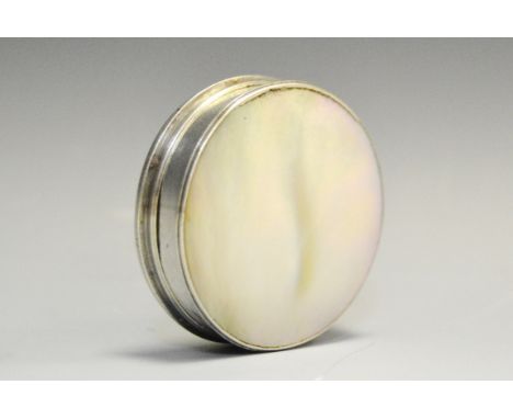 A 19th century silver coloured metal mounted mother of pearl snuff box 