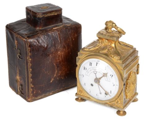 An 18th/19th Century French Officer's Cased Travelling Alarm Clock:The Dial has the legend "Il est l`heure de faire le bien" 