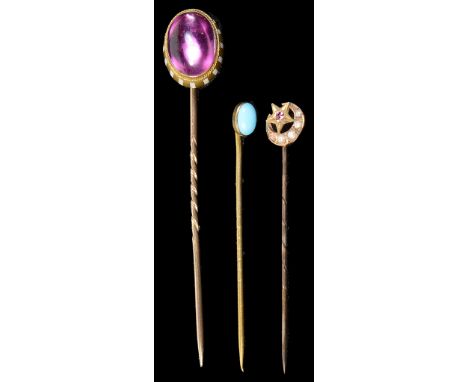 Three Gold Stick Pins:To include cabochon amethyst with white enamelling, turquoise set and star and crescent set with pearls