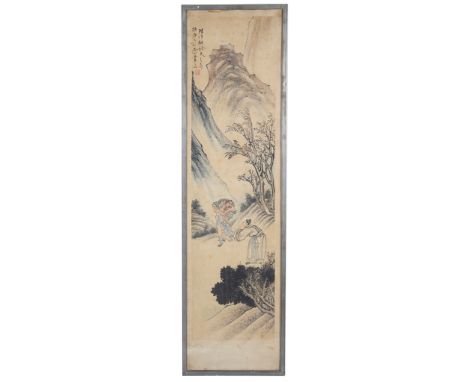 A Chinese Scroll Painting:19th century, watercolour, depicting a mountainous scene with figures, signed with artist's seal ma