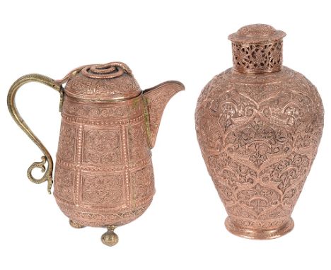 A 19th Century Persian Qajar Period Jug and Lidded Vase:The tinned copper vase with pierced decoration to the lid, the body w