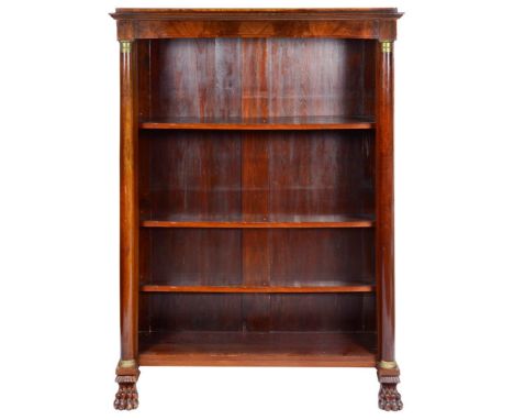 An Empire Period Open Bookcase:Mahogany architectural form bookcase with three shelves ormolu fitted round pillars to each si