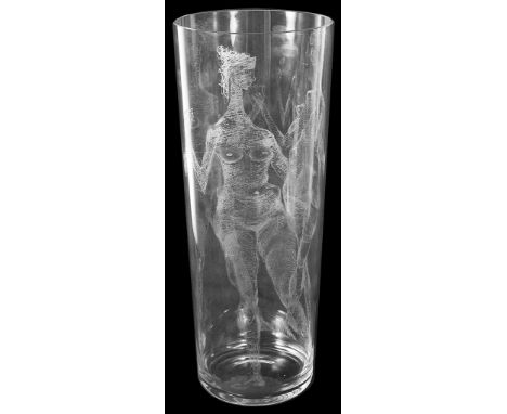 A Signed John Hutton Etched Glass Vase:Engraved with three naked women holding hands, two facing outwards and one from behind