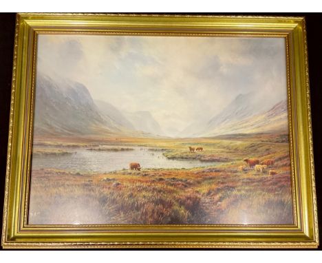 Rex N Preston, Highland Landscape Loch and Mountains with Cattle Amongst the Heather, print, 45cm x 59cm, framed 