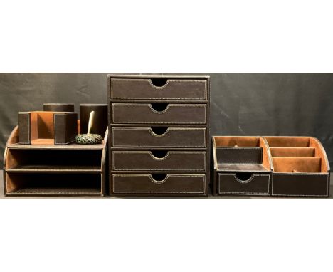 Osco Faux Leather desk accessories - two pen pots, five drawer sorter, two section filing tray, waterfall stationery holder; 