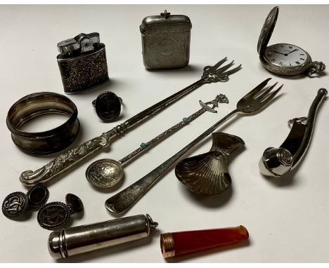 A 9ct gold mounted cheroot holder, silver case; a George III Old Sheffield Plate caddy spoon; a cigarette lighter; propelling