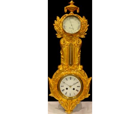 A gilt metal clock/barometer, inscribed  JJ Wainwright, the clock with twin winding holes, 85cm high 
