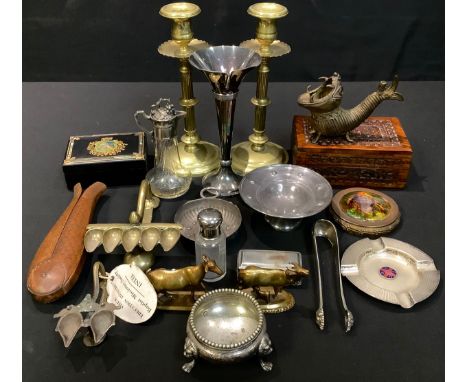 Boxes and Objects - a WMF Art Nouveau liquer decanter, ostrich mark, c.1905; a pair of treen nut crackers; a papier mache box