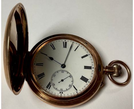 A 9ct rose gold hunter pocket watch, white enamel dial, Roman numerals, subsidiary seconds dial,  marked 375, 7.5cm over wind