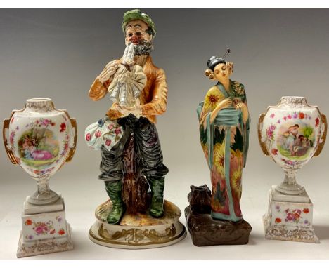 A large Capodimonte figure, of a bearded pipe player; an Art Nouveau figure of a Geisha; a pair of Continental porcelain vase