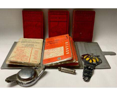 Motoring Interest - an AA badge; a vintage Schrader Balloon type gauge; a collection of motoring maps; a knock on hubcap 