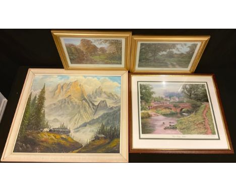 B. Thiel, Alpine Scene, signed, titled to verso, oil on board; Cooper Blackley, by and after, Victors Bridge, Milldale, signe